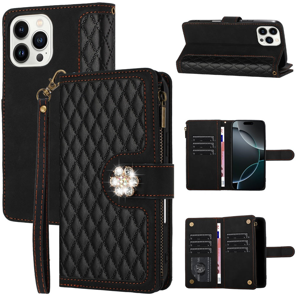 For Apple iPhone 16 Pro Max (6.9") PU Leather Wallet Design Jewel Bling with Credit Card Holder Flip Folio Pouch Zipper Purse Wrist Strap Case Cover