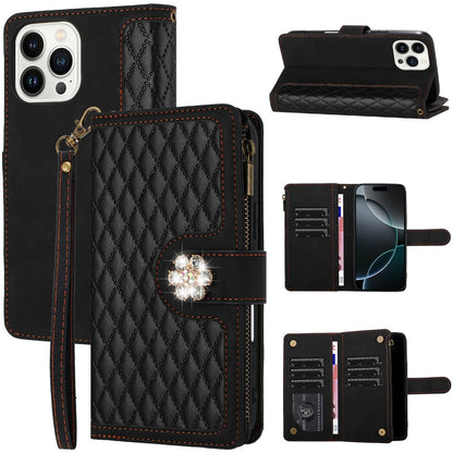 For Apple iPhone 16 Pro Max (6.9") PU Leather Wallet Design Jewel Bling with Credit Card Holder Flip Folio Pouch Zipper Purse Wrist Strap Case Cover