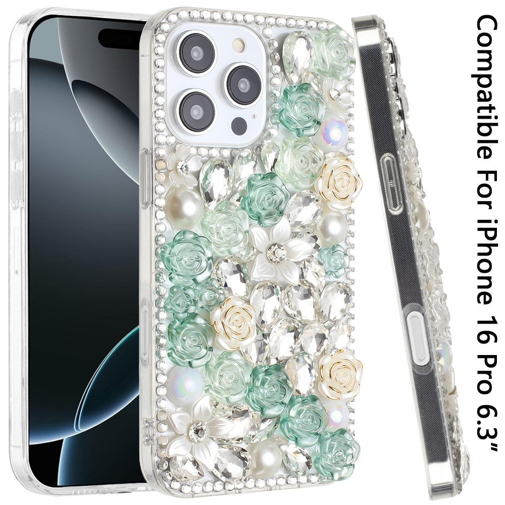 For Apple iPhone 16 Pro (6.3") Fashion Rose Flower Floral Bling Crystal 3D Full Diamonds Pearl Sparkle Rhinestone Glitter Hybrid Case Cover