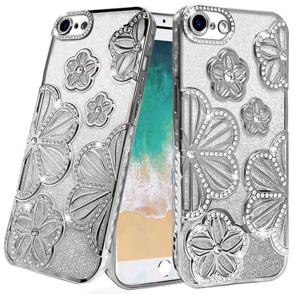 For Samsung Galaxy A26 Luxury Flower Design Sparkle Glitter Diamond Rhinestone Shimmer Bling Plating Thick TPU Hard PC Case Cover Flower Silver