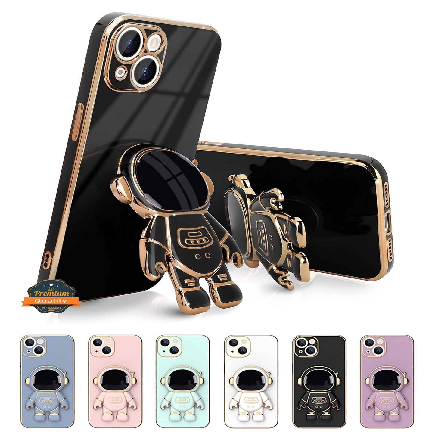 For Apple iPhone 15 Pro (6.1") Astronaut Hidden Stand Holder Plating Hybrid Electroplated Bumper Shockproof Armor  Phone Case Cover