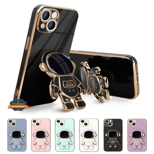 For Apple iPhone 15 Pro (6.1") Astronaut Hidden Stand Holder Plating Hybrid Electroplated Bumper Shockproof Armor  Phone Case Cover