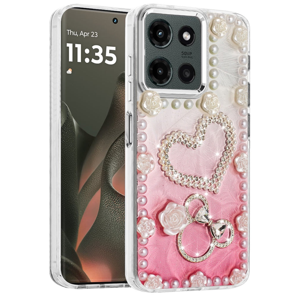For Motorola Moto G Stylus 5G 2025 Bling Fashion Design with 3D Pearls Epoxy Glitter Ornaments Chrome Edge Hard Slim PC Case Cover