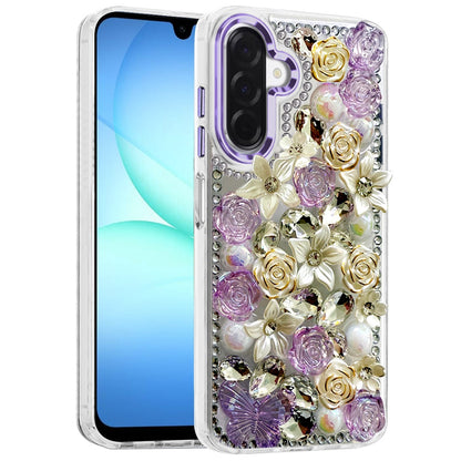 For Samsung Galaxy S25 Fan Edition /Galaxy S25 FE 3D Diamond Floral Roses Flower Bling Stone Hybrid, Sparkly Rhinestone Gemstone Back Shockproof Case Cover