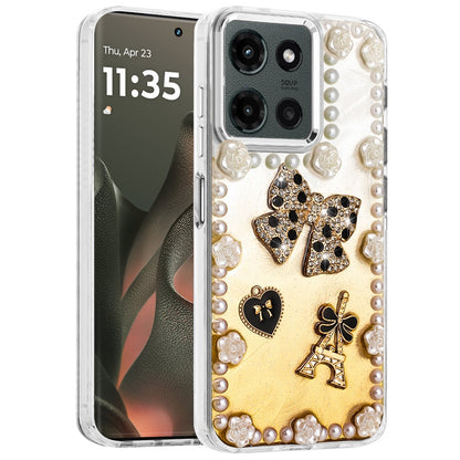For Motorola Edge 2025 Bling Fashion Design with 3D Pearls Epoxy Glitter Ornaments Chrome Edge Hard Slim PC Case Cover