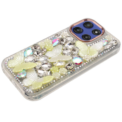 For Motorola Moto G 5G 2025 3D Diamond Floral Butterfly Bling Stone Hybrid, Sparkly Rhinestone Gemstone Back Shockproof Case Cover