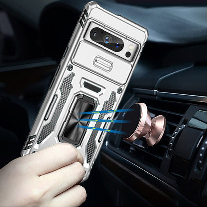 For Apple iPhone 16e Tough Hybrid Case with Movable Camera Window & Metal Ring Stand Shockproof Case Cover Silver