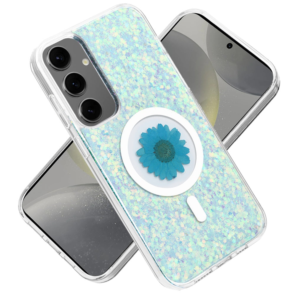 For Samsung Galaxy S25+ /S25 Plus /S24+ Plus MagSafe Compatible Glitter Flower Epoxy Hybrid Slim TPU Case, Magnetic Circle Design, Sparkly Bling Protective Case Cover
