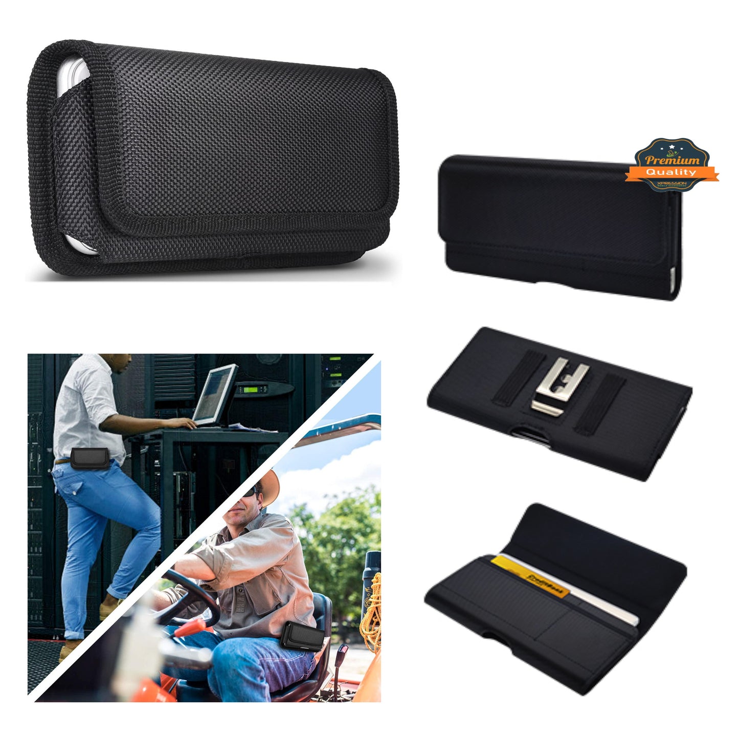 For Apple iPhone 16 Plus (6.7") Universal Nylon Canvas Horizontal Pouch Holster with Wallet Credit Card Slots & Belt Loop Clip Carrying Phone (6.7") [Black]