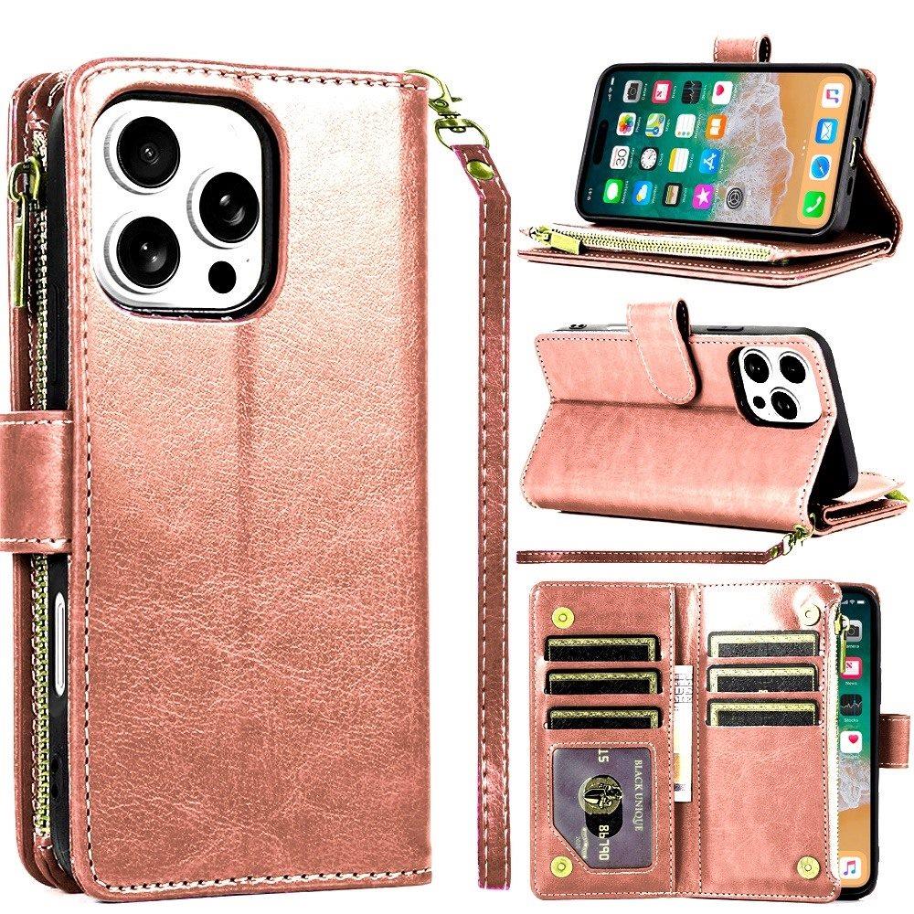 For Motorola Edge 2025 Leather Wallet Case with Zipper, 9 Card Slots, Cash Pocket, Stand & Strap, Clutch Pouch Design Case Cover Rose Gold