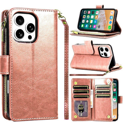 For Motorola Edge 2025 Leather Wallet Case with Zipper, 9 Card Slots, Cash Pocket, Stand & Strap, Clutch Pouch Design Case Cover Rose Gold