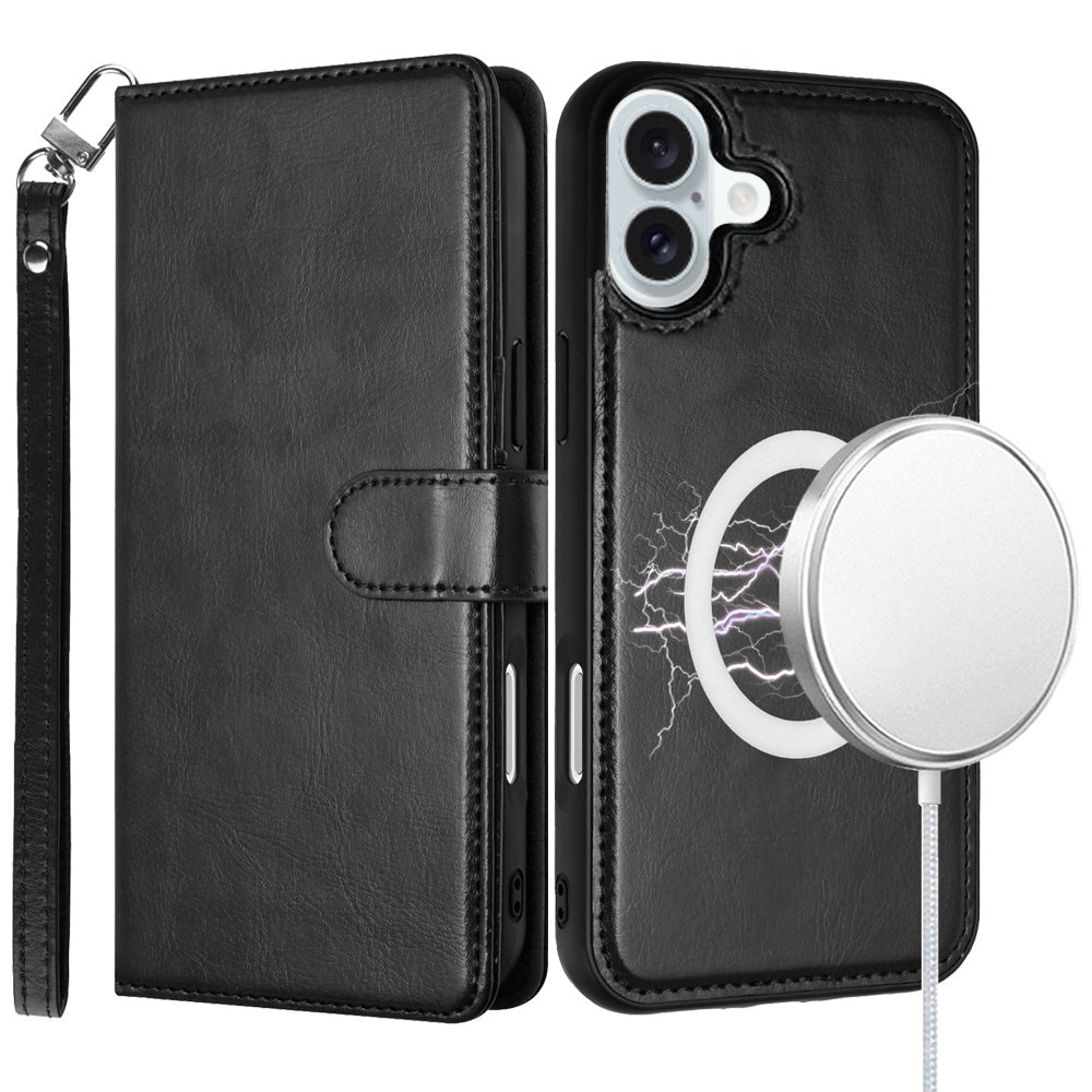 For Apple iPhone 16 Plus (6.7") Deattachable PU Leather Hybrid Wallet Money Credit Card Holder Support Magsafe Charger Case Cover Black