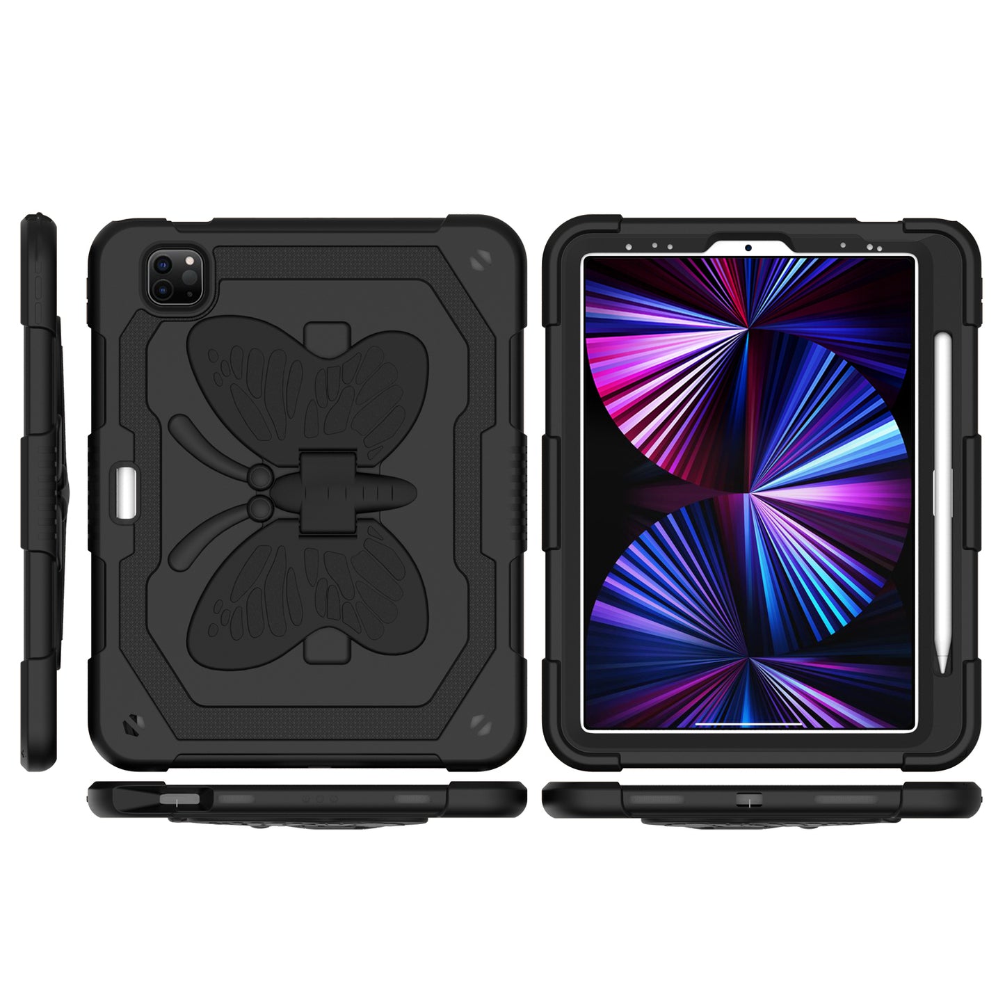 For Butterfly Wings Kickstand 3in1 Tough Hybrid with Pencil Holder Heavy Duty Rugged Shockproof Full Protective Black Tablet Case Cover