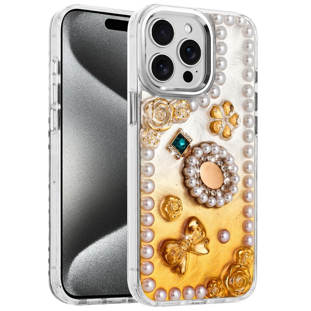 For Apple iPhone 14 Pro Max Bling Fashion Design with 3D Pearls Epoxy Glitter Ornaments Chrome Edge Hard Slim PC Case Cover