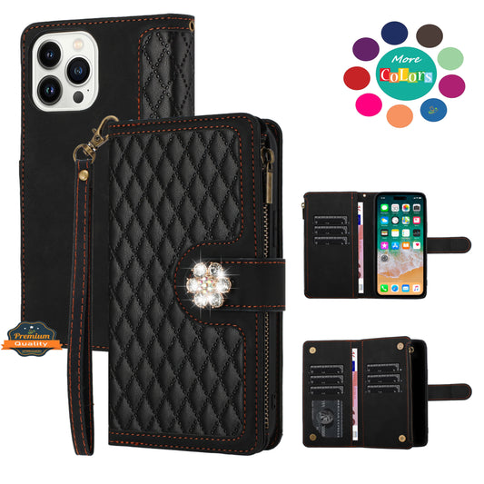 For Apple iPhone 16 Pro (6.3") PU Leather Wallet Design Jewel Bling with Credit Card Holder Flip Folio Pouch Zipper Purse Wrist Strap Case Cover
