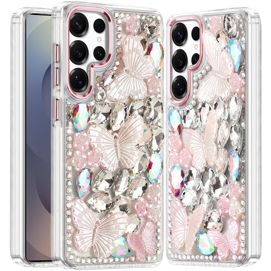 For Samsung Galaxy S25 Ultra 3D Diamond Floral Butterfly Bling Stone Hybrid, Sparkly Rhinestone Gemstone Back Shockproof Case Cover