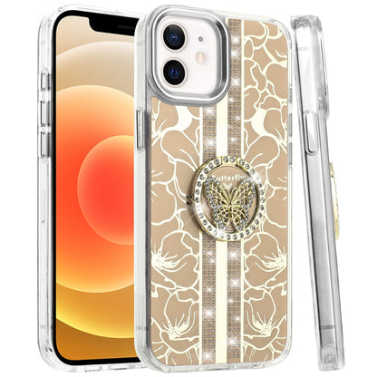 For Apple iPhone 11 Diamonds 3D Butterfly Floral Design Bling Sparkly Glitter Hybrid Metal Fashion with Ring Stand Case Cover