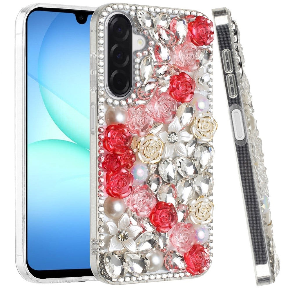 For Samsung Galaxy A17 5G Fashion Rose Flower Floral Bling Crystal 3D Full Diamonds Pearl Sparkle Rhinestone Glitter Hybrid Case Cover