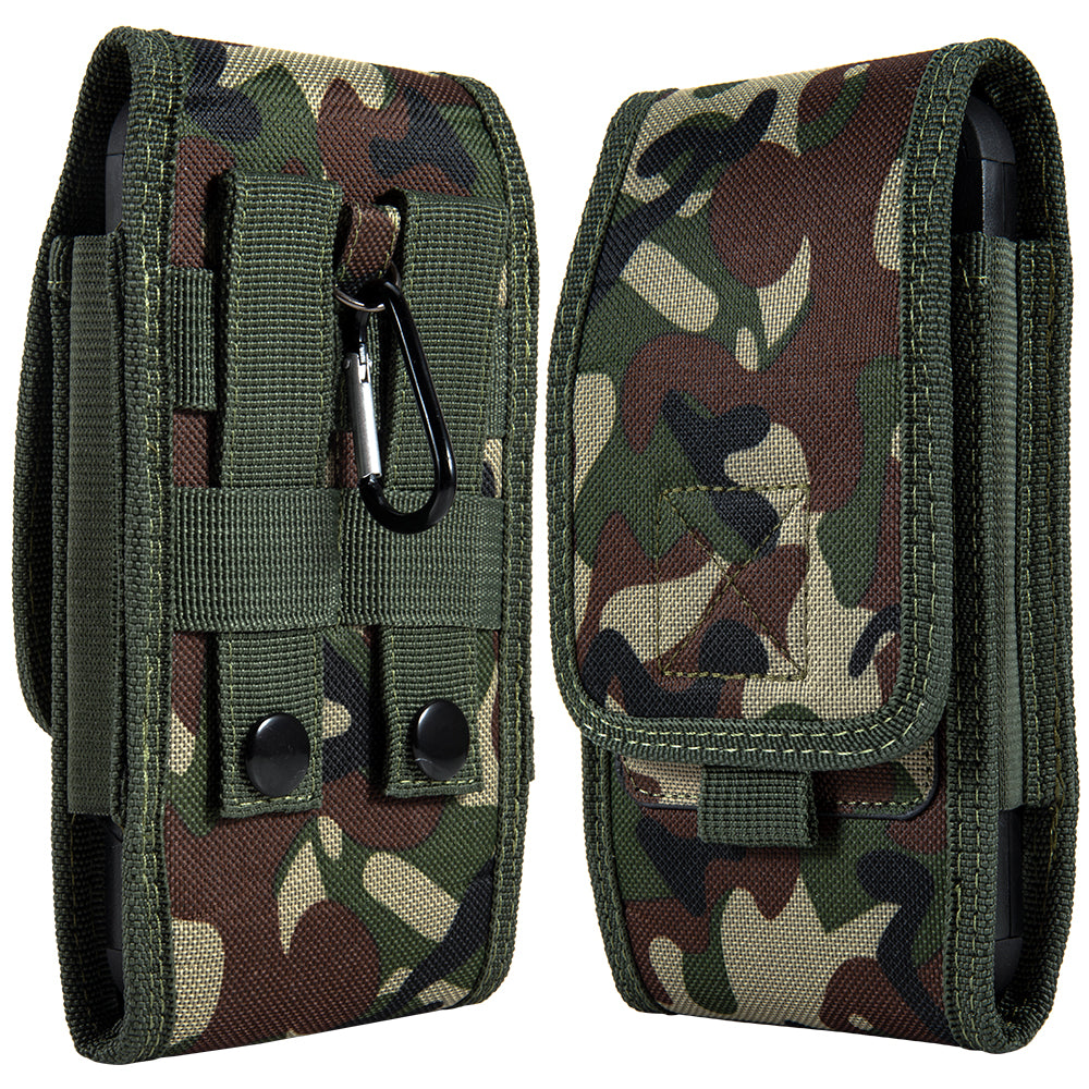 For Apple iPhone 16 Plus (6.7") Universal Vertical Pouch Case Camouflage Cell Phone Holster with Belt Clip Loop, Carabiner & Credit Card Slot Cover [Camo Green]