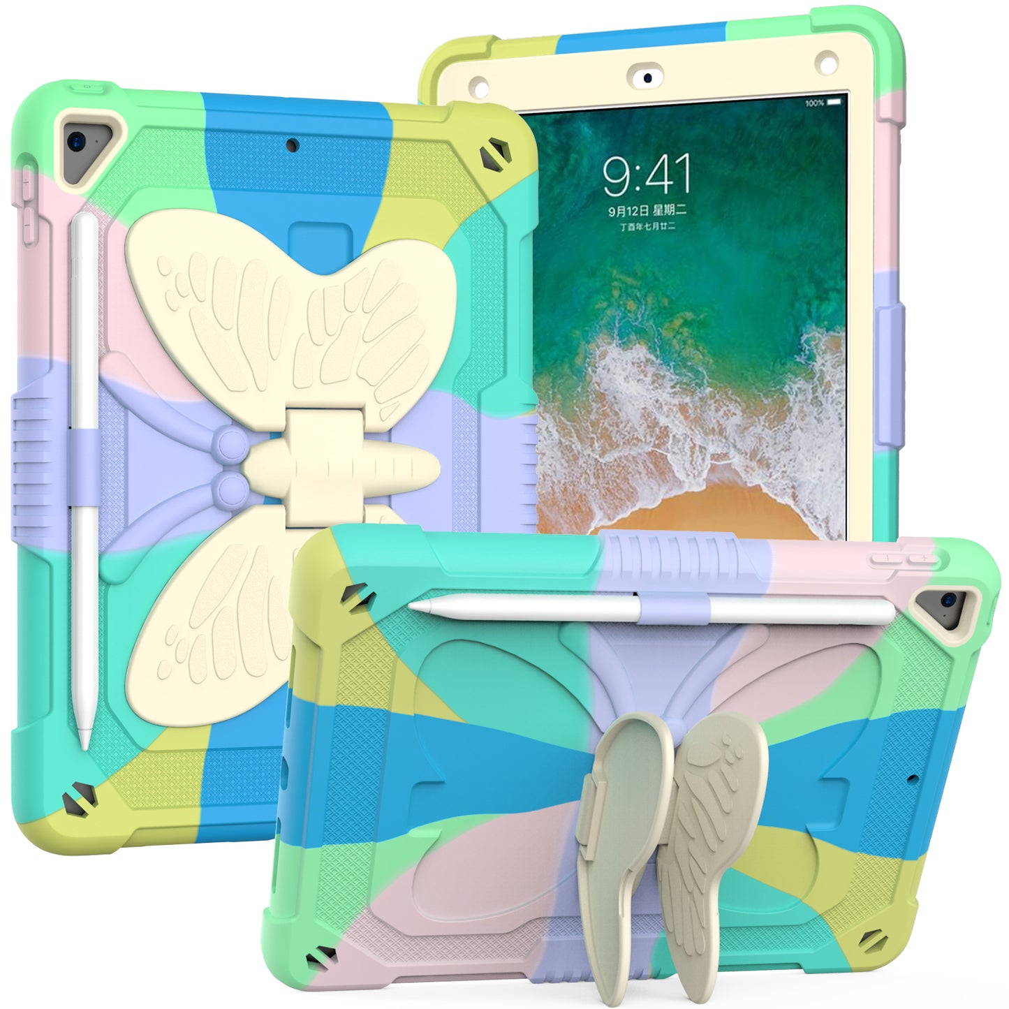 For Butterfly Wings Kickstand 3in1 Tough Hybrid with Pencil Holder Heavy Duty Rugged Shockproof Full Protective Rainbow Tablet Case Cover