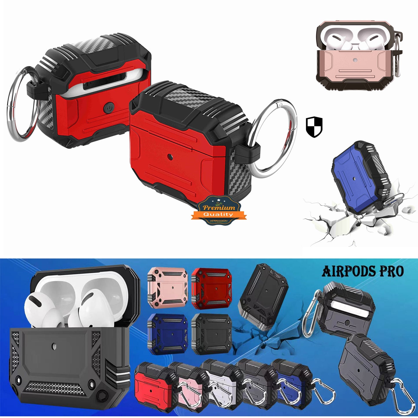 For Airpods Pro 3 (2025) Full-Body Rugged ShockProof Hybrid With Metal Hook Carabiner Heavy Duty Armor Carbon Fiber Case Cover