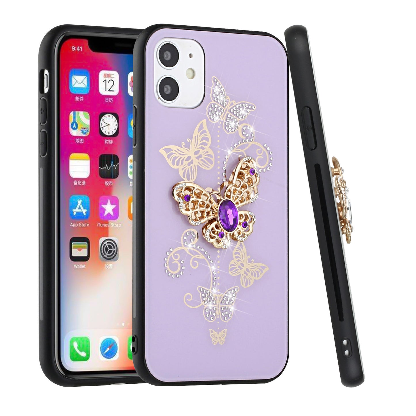 For Apple iPhone 16e Diamonds 3D Butterfly Bling Sparkly Glitter Ornaments Engraving Hybrid Metal Fashion Case Cover Purple Garden Butterflies