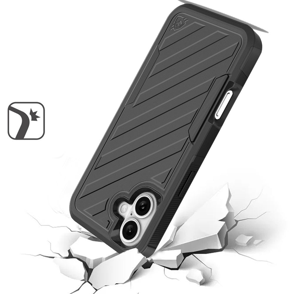 For Apple iPhone 16 (6.1") Combo Hybrid lined with Belt Clip Holster Armor Shockproof Rugged Textured 2in1 Non Slip Tough Case Cover Black / Black