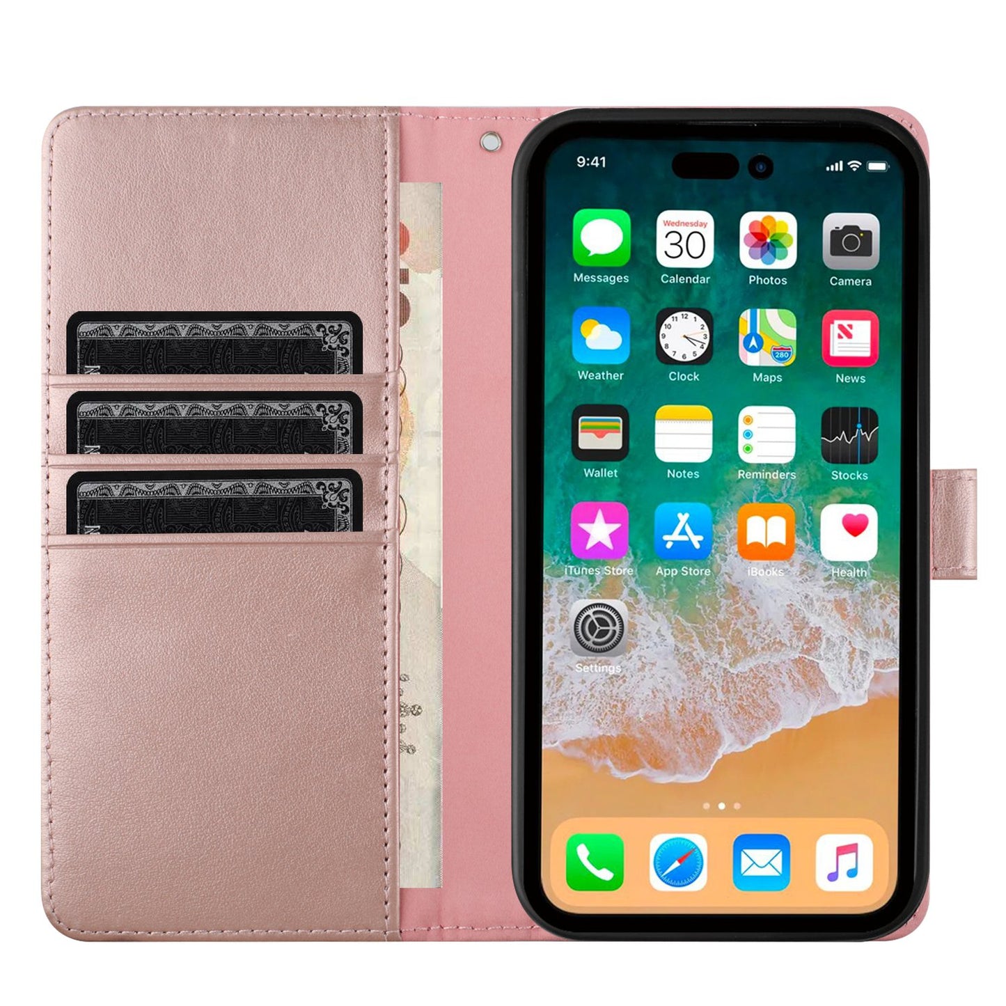 For Apple iPhone 16 Pro (6.3") Deattachable PU Leather Hybrid Wallet Money Credit Card Holder Support Magsafe Charger Case Cover Rose Gold
