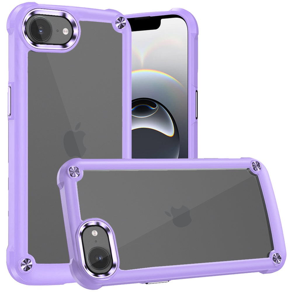 For Apple iPhone 16e Hybrid Transparent Rubber with Metal Buttons & Camera Edges Hard TPU Corner Frame Bumper Case Cover