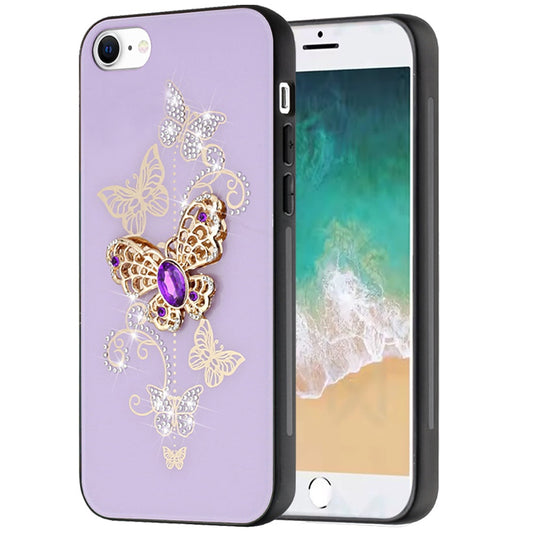 For Apple iPhone 16e Diamonds 3D Butterfly Bling Sparkly Glitter Ornaments Engraving Hybrid Metal Fashion Case Cover Purple Garden Butterflies