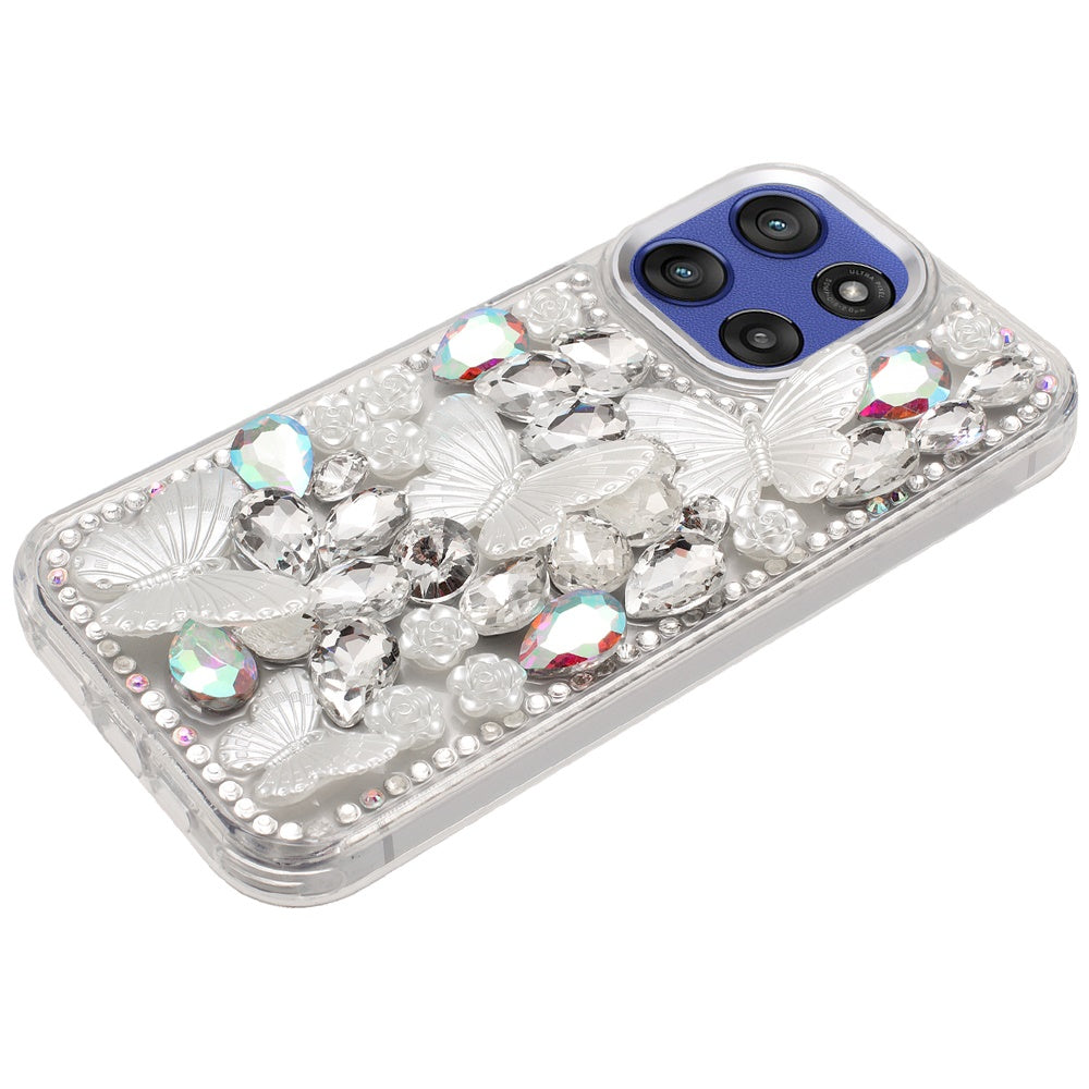 For Motorola Moto G 5G 2025 3D Diamond Floral Butterfly Bling Stone Hybrid, Sparkly Rhinestone Gemstone Back Shockproof Case Cover