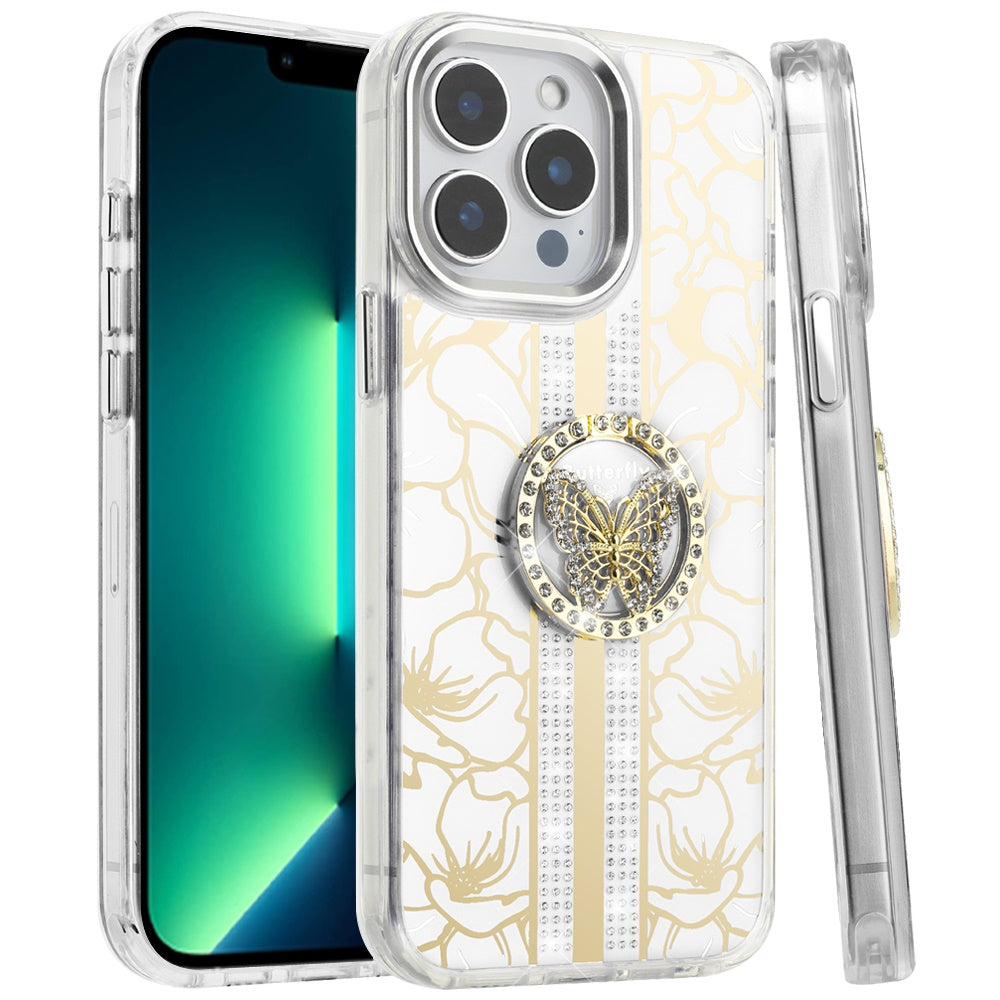 For Apple iPhone 16 Pro Max (6.9") Diamonds 3D Butterfly Floral Design Bling Sparkly Glitter Hybrid Metal Fashion with Ring Stand Case Cover