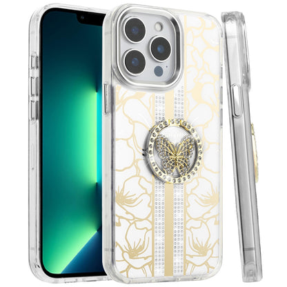 For Apple iPhone 16 Pro Max (6.9") Diamonds 3D Butterfly Floral Design Bling Sparkly Glitter Hybrid Metal Fashion with Ring Stand Case Cover