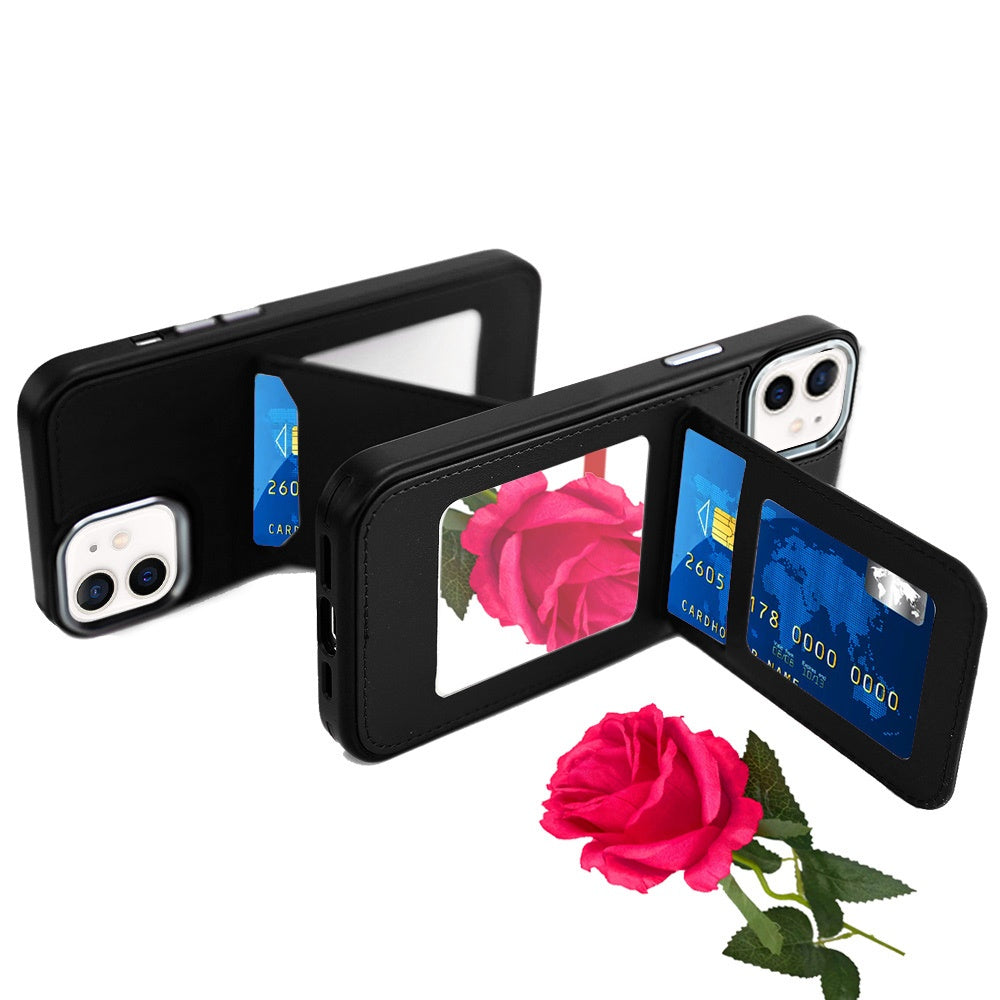 For Apple iPhone 15 Pro Max PU Leather Wallet Cover with Credit Card Holder, Kickstand & Mirror Inside Slim Fit TPU & PC Hybrid Design Case Cover