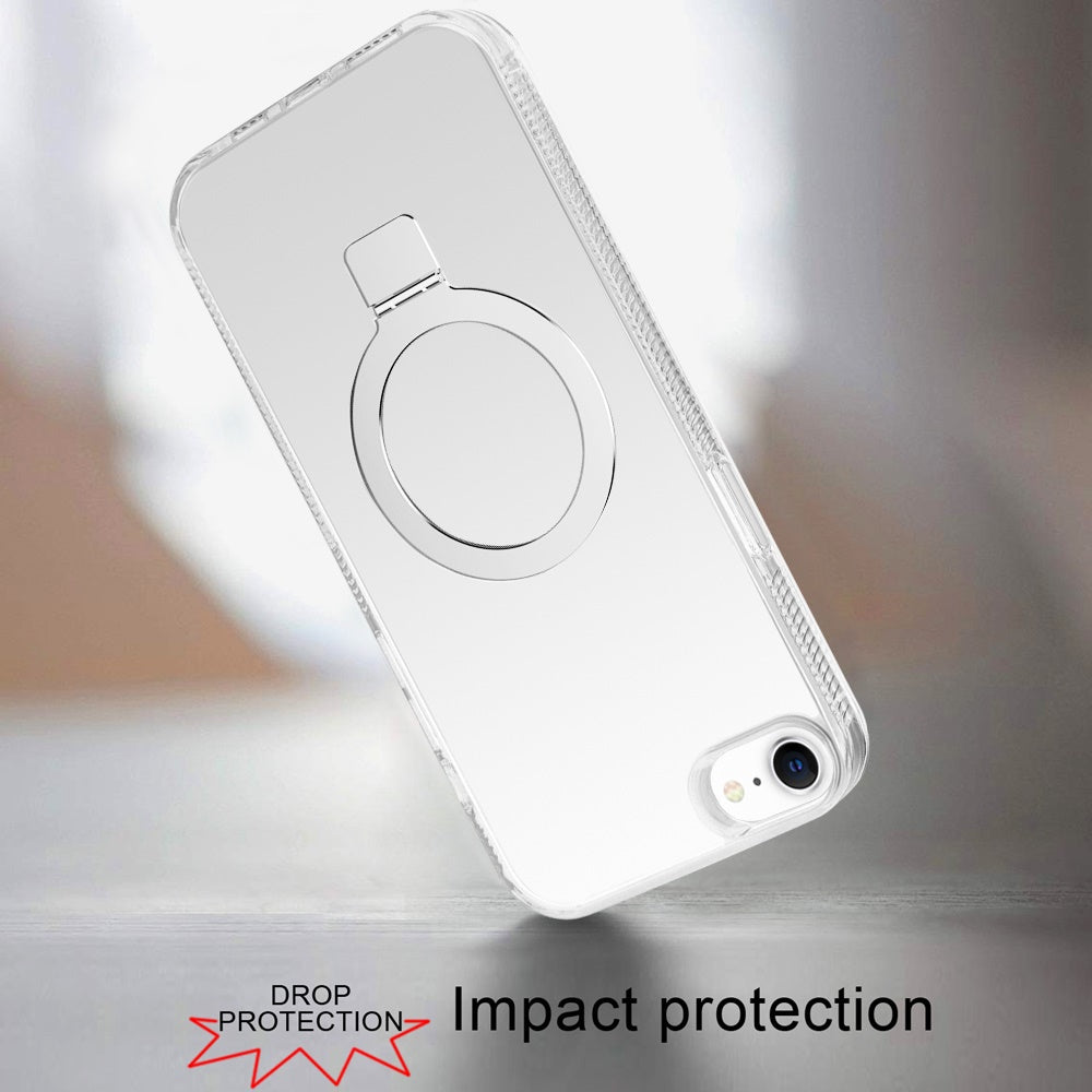 For Apple iPhone 16e Transparent Magnetic Ring Circle Stand with MagSafe Compatible Hybrid Dotted Edged Hard PC Shockproof Case Cover