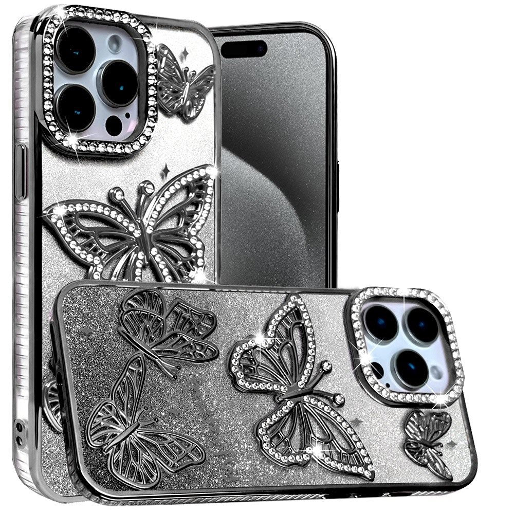 For Apple iPhone 15 Pro Max Luxury Butterfly Sparkle Glitter Diamond Crystal Rhinestone Shimmer Bling Plating Thick TPU Hard PC Case Cover
