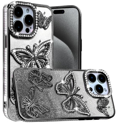 For Apple iPhone 14 /iPhone 13 (6.1") Luxury Butterfly Sparkle Glitter Diamond Crystal Rhinestone Shimmer Bling Plating Thick TPU Hard PC Case Cover