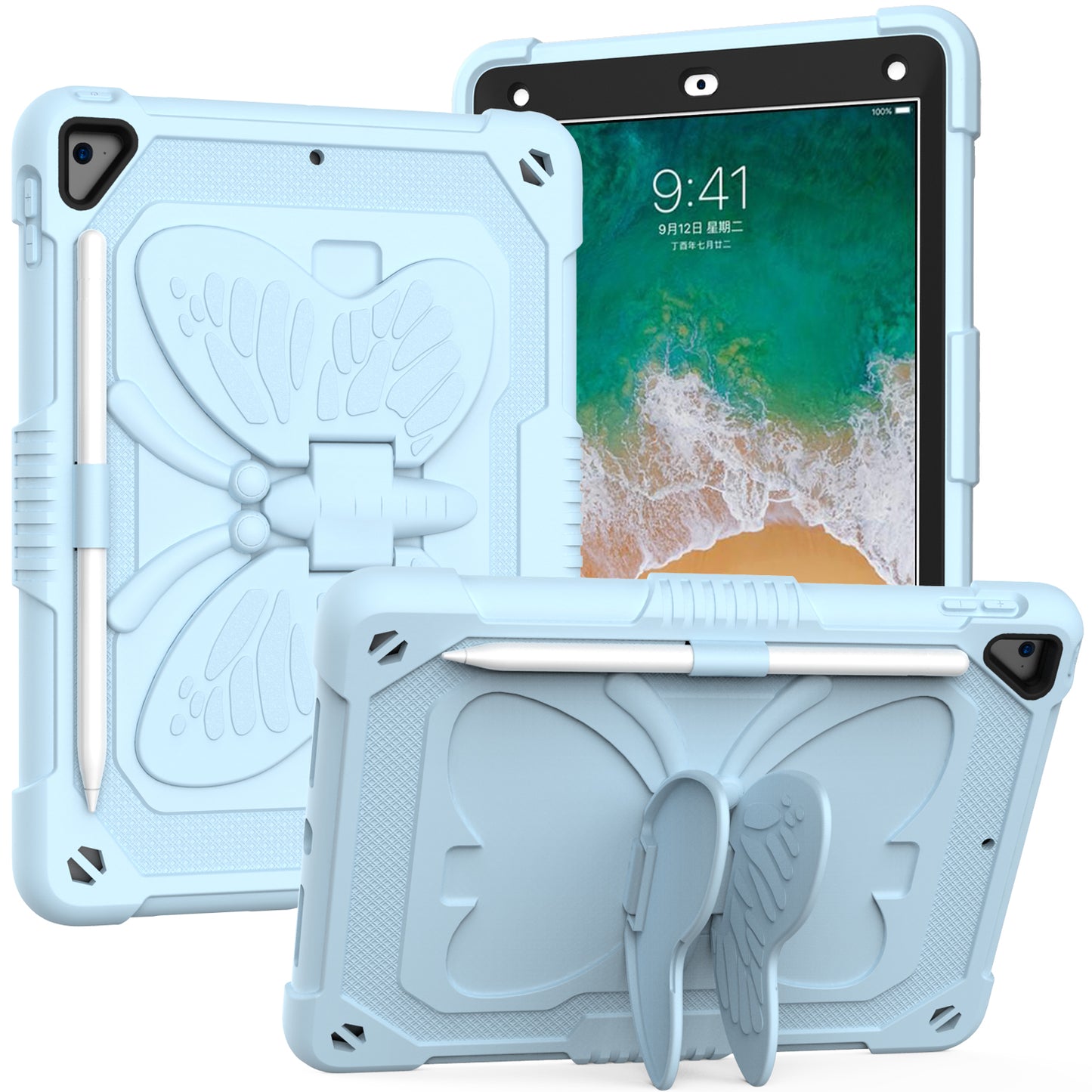 For Butterfly Wings Kickstand 3in1 Tough Hybrid with Pencil Holder Heavy Duty Rugged Shockproof Full Protective Light Blue Tablet Case Cover