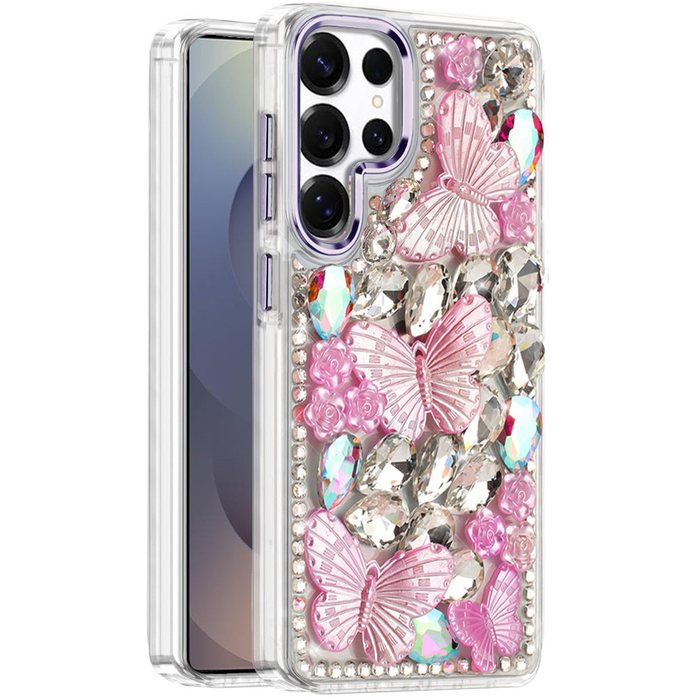 For Samsung Galaxy S25 Ultra 3D Diamond Floral Butterfly Bling Stone Hybrid, Sparkly Rhinestone Gemstone Back Shockproof Case Cover