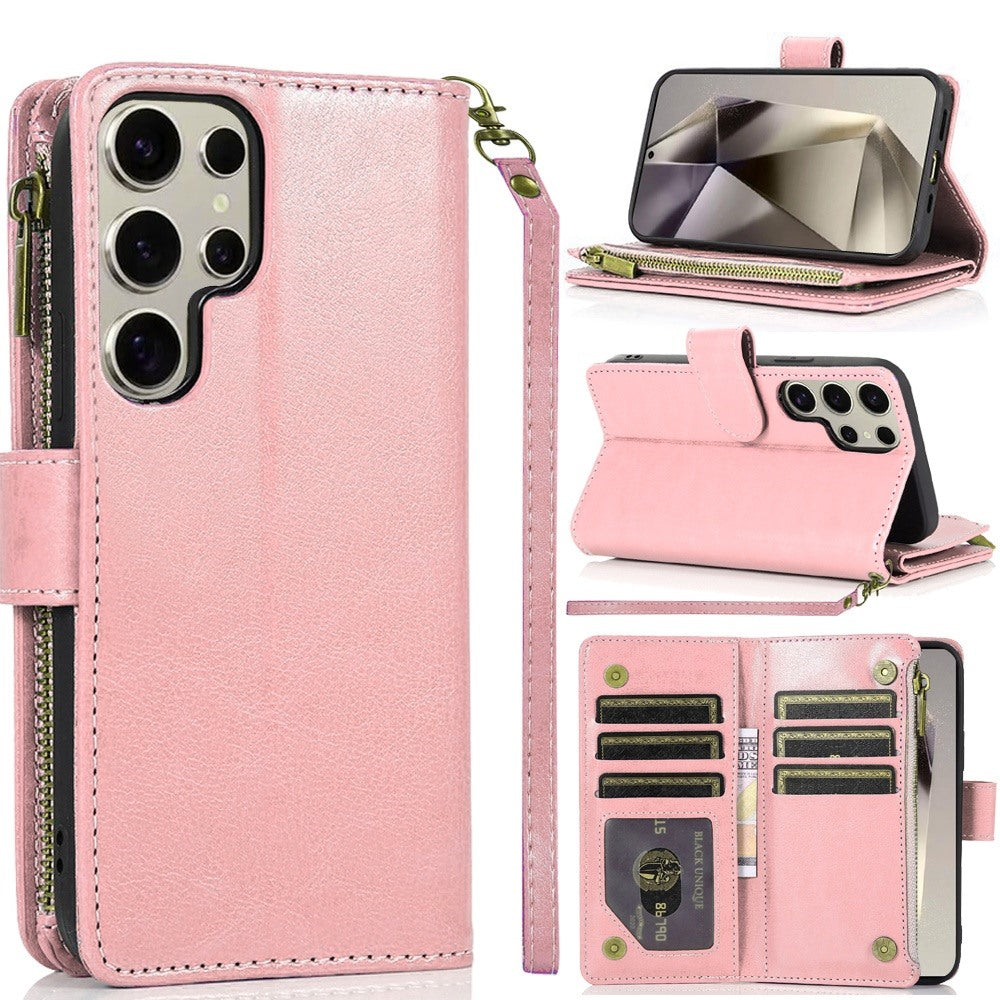 For Motorola Edge 2025 Leather Wallet Case with Zipper, 9 Card Slots, Cash Pocket, Stand & Strap, Clutch Pouch Design Case Cover Rose Gold