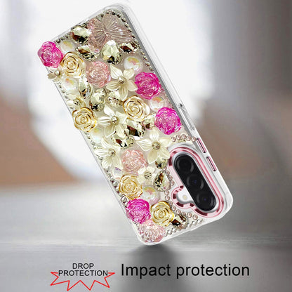 For Samsung Galaxy S25 Fan Edition /Galaxy S25 FE 3D Diamond Floral Roses Flower Bling Stone Hybrid, Sparkly Rhinestone Gemstone Back Shockproof Case Cover