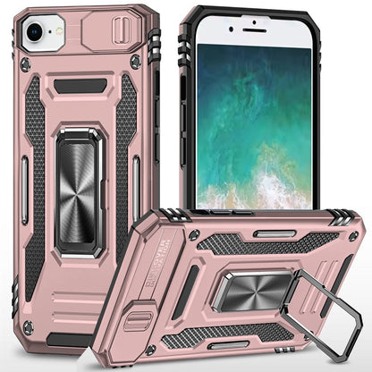 For Apple iPhone 16e Tough Hybrid Case with Movable Camera Window & Metal Ring Stand Shockproof Case Cover Rose gold