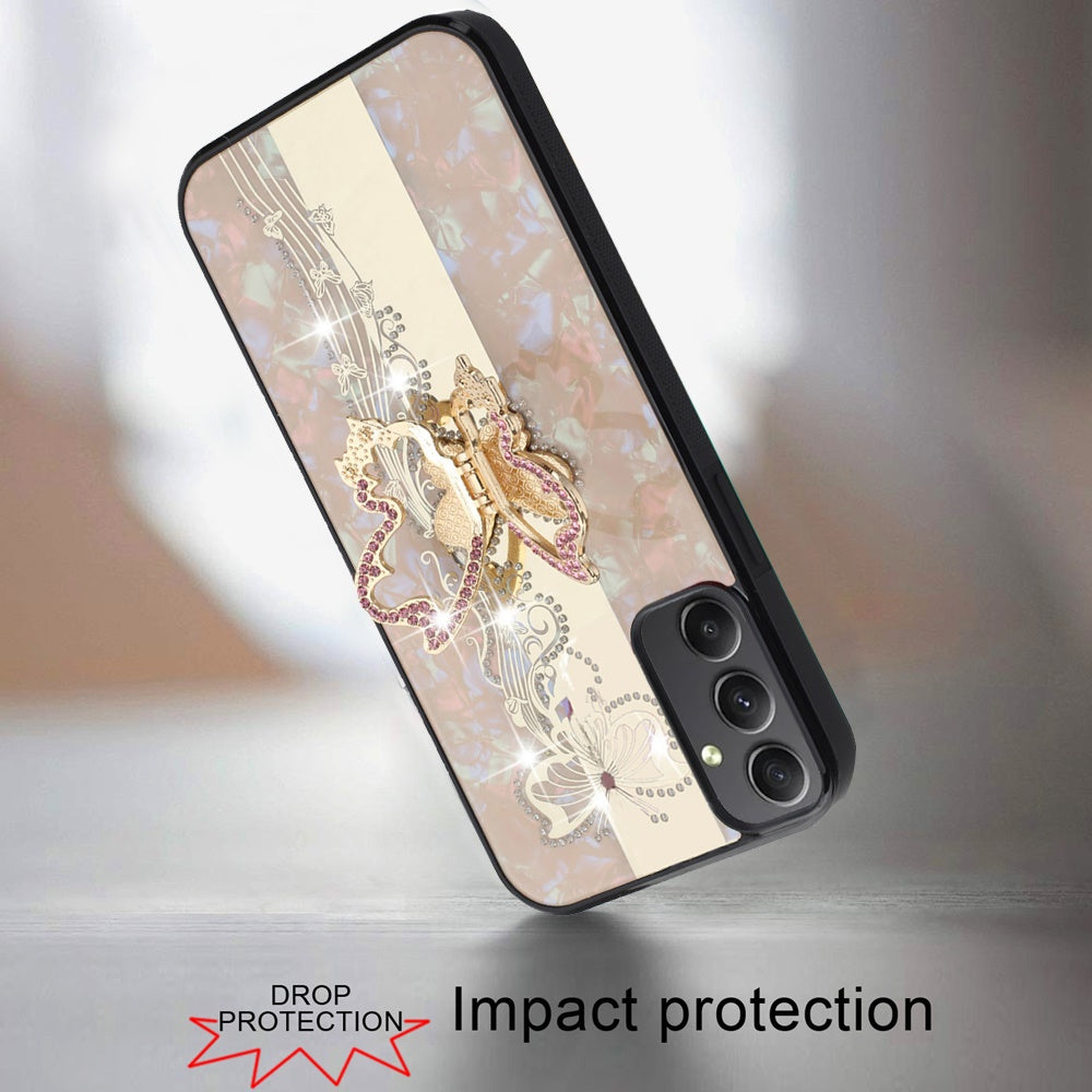 For Samsung Galaxy A06 Diamonds 3D Butterfly Bling Sparkly Glitter Ornaments Engraving Hybrid with Ring Stand Fashion Case Cover Enchanted Butterfly Gold