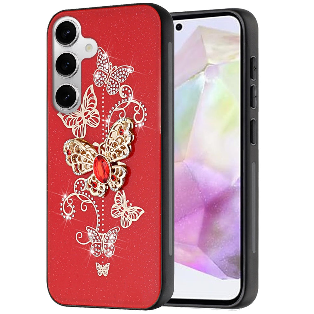 For Apple iPhone 16e Diamonds 3D Butterfly Bling Sparkly Glitter Ornaments Engraving Hybrid Metal Fashion Case Cover Red Garden Butterflies