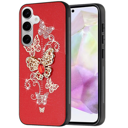 For Apple iPhone 16e Diamonds 3D Butterfly Bling Sparkly Glitter Ornaments Engraving Hybrid Metal Fashion Case Cover Red Garden Butterflies