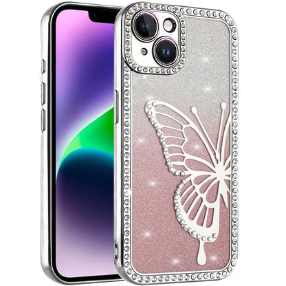 For Apple iPhone 15 Butterfly Glitter Diamond Shimmer Hybrid Slim & Stylish Electroplated Sparkly Bling Shockproof TPU Protective Case Cover