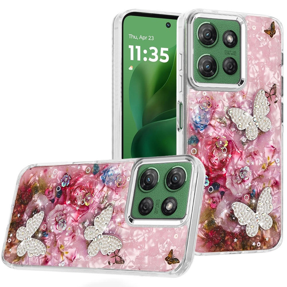 For Motorola Moto G Stylus 5G 2025 Epoxy Glitter Flowers Bling 3D Butterfly Fashion TPU Hybrid with Shockproof Protection Case Cover