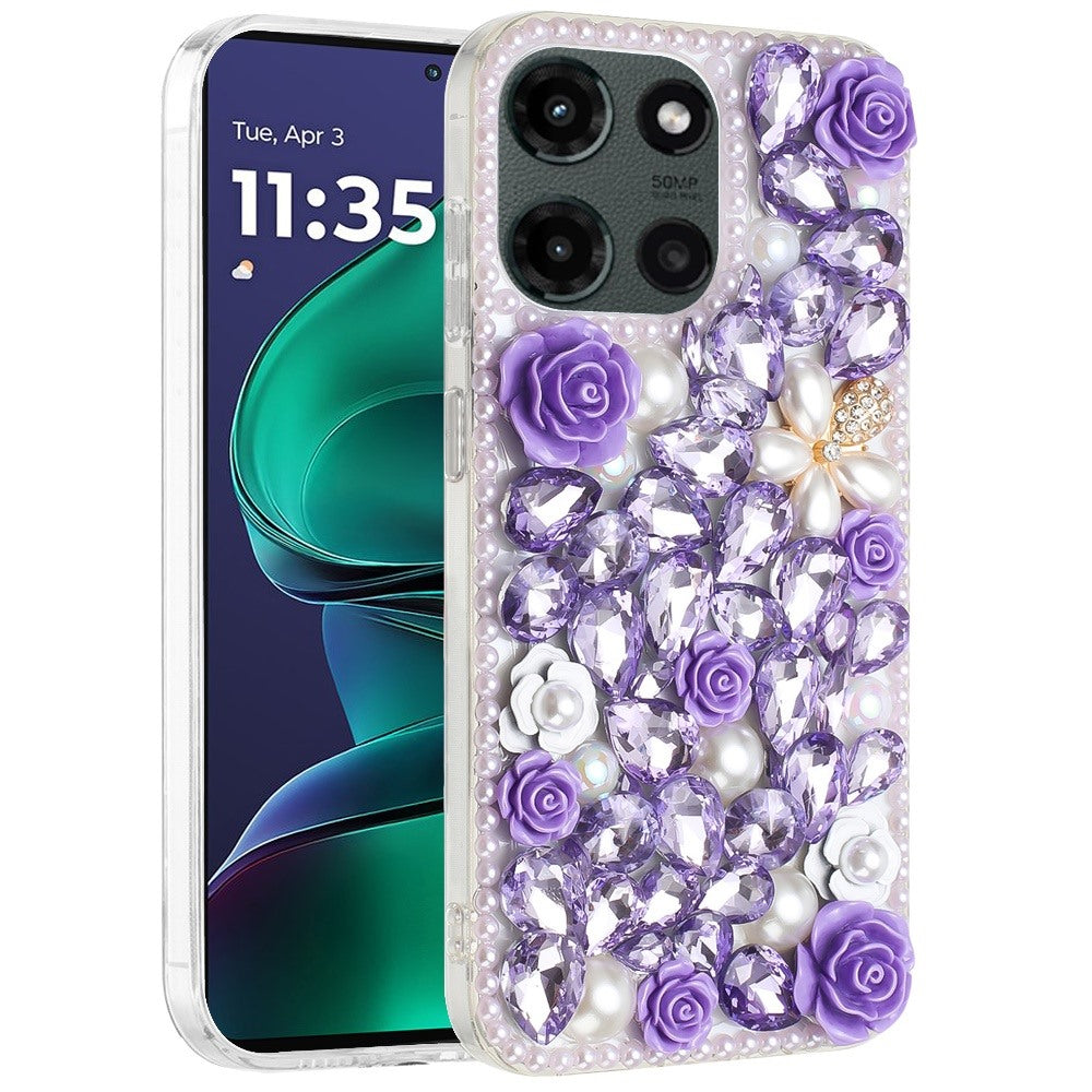 For Motorola Moto G Stylus 5G 2025 Fashion Rose Flower Floral Bling Crystal 3D Full Diamonds Pearl Sparkle Rhinestone Glitter Hybrid Case Cover