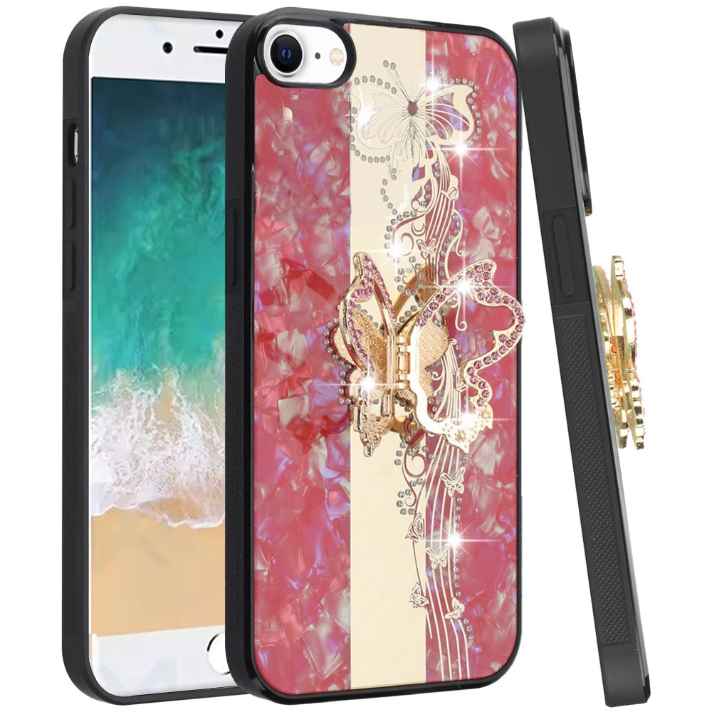 For Apple iPhone SE 4 Diamonds 3D Butterfly Bling Sparkly Glitter Ornaments Engraving Hybrid with Stand Fashion Case Cover Enchanted Butterfly Red