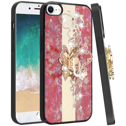 For Apple iPhone SE 4 Diamonds 3D Butterfly Bling Sparkly Glitter Ornaments Engraving Hybrid with Stand Fashion Case Cover Enchanted Butterfly Red